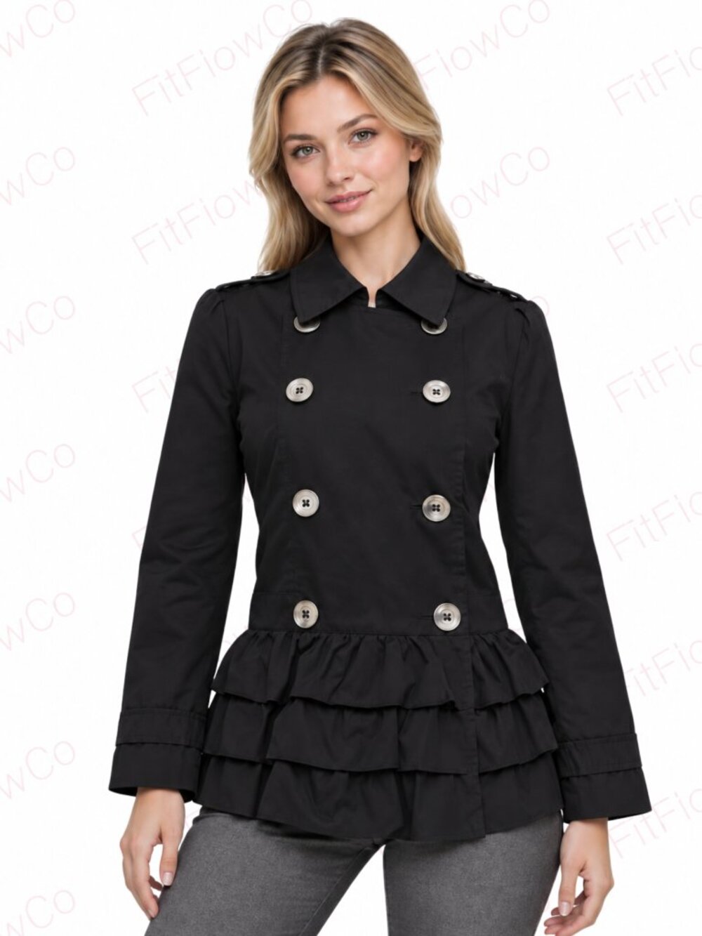 Express Black Ruffle Hem Jacket XS Double Breasted Trench Style